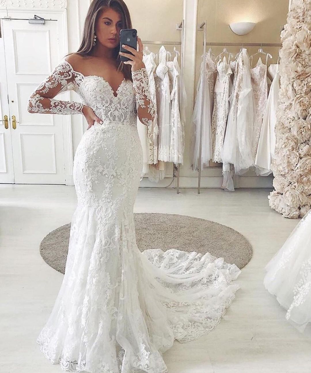 Long Sleeves Mermaid Wedding Dress Lace V-Neck Bridal Gowns-27dress