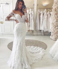 Long Sleeves Mermaid Wedding Dress Lace V-Neck Bridal Gowns-27dress