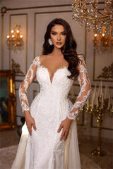 Long Sleeves Mermaid Wedding Dress Lace With Ruffles-27dress