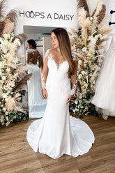 Long Sleeves Mermaid Wedding Dress Lace Zipper Button Back-27dress