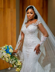 Long Sleeves Mermaid Wedding Dress With Lace On Sale-27dress