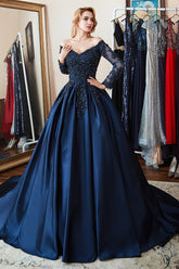 Long Sleeves Off the Shoulder Beadings Prom Dress Navy Lace With Appliques