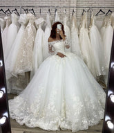 Long Sleeves Off-the-Shoulder Wedding Dress Ball Gown With Lace Appliques-27dress