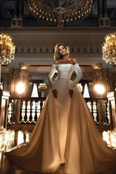 Long Sleeves Off-the-Shoulder Wedding Dress Mermaid Overskirt-27dress