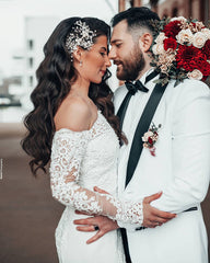 Long Sleeves Off-the-Shoulder Wedding Dress Mermaid With Appliques-27dress