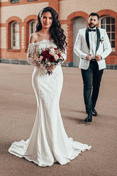 Long Sleeves Off-the-Shoulder Wedding Dress Mermaid With Appliques-27dress