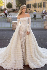Long Sleeves Off-the-Shoulder Wedding Dress Mermaid With Overskirt-27dress