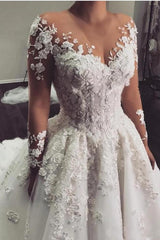 Long Sleeves Overskirt Wedding Dress With 3D Floral Appliques-27dress