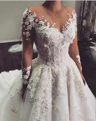 Long Sleeves Overskirt Wedding Dress With 3D Floral Appliques-27dress