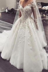 Long Sleeves Overskirt Wedding Dress With 3D Floral Appliques-27dress