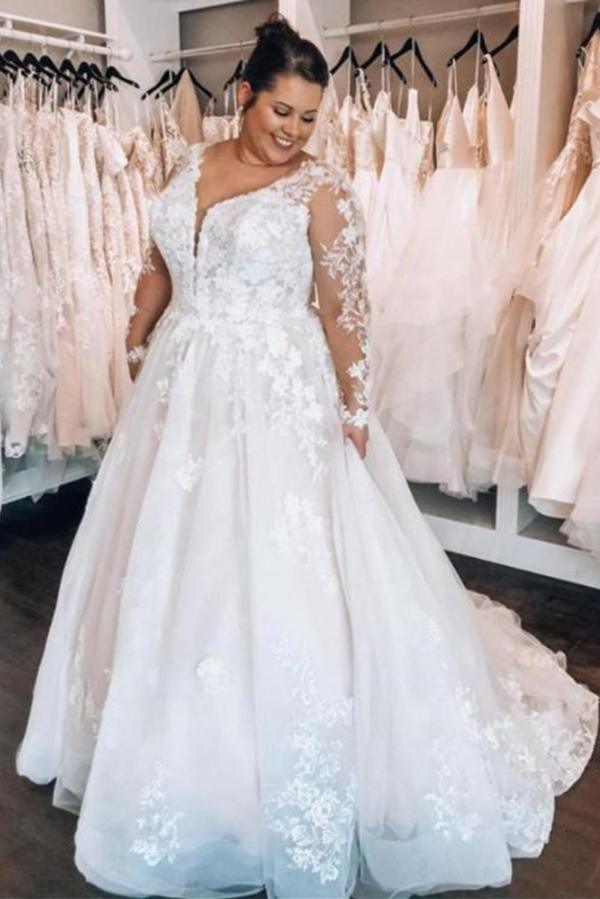 Long Sleeves Plus Size Wedding Dress With Lace Appliques-27dress