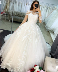 Long Sleeves Princess Ball Gown Wedding Dress With Lace Appliques-27dress