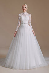 Long Sleeves Princess Lace Wedding Dress Tulle Bridal Gowns-27dress
