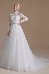 Long Sleeves Princess Lace Wedding Dress Tulle Bridal Gowns-27dress