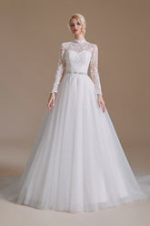 Long Sleeves Princess Lace Wedding Dress Tulle Bridal Gowns-27dress