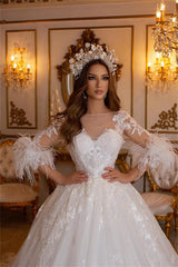 Long Sleeves Princess Wedding Dress Ball Gown With Lace Feather-27dress