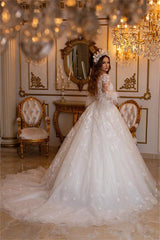 Long Sleeves Princess Wedding Dress Ball Gown With Lace Feather-27dress