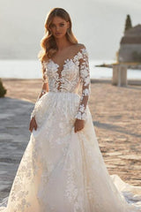Long Sleeves Princess Wedding Dress Tulle With Appliques-27dress