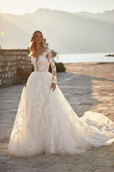 Long Sleeves Princess Wedding Dress Tulle With Appliques-27dress