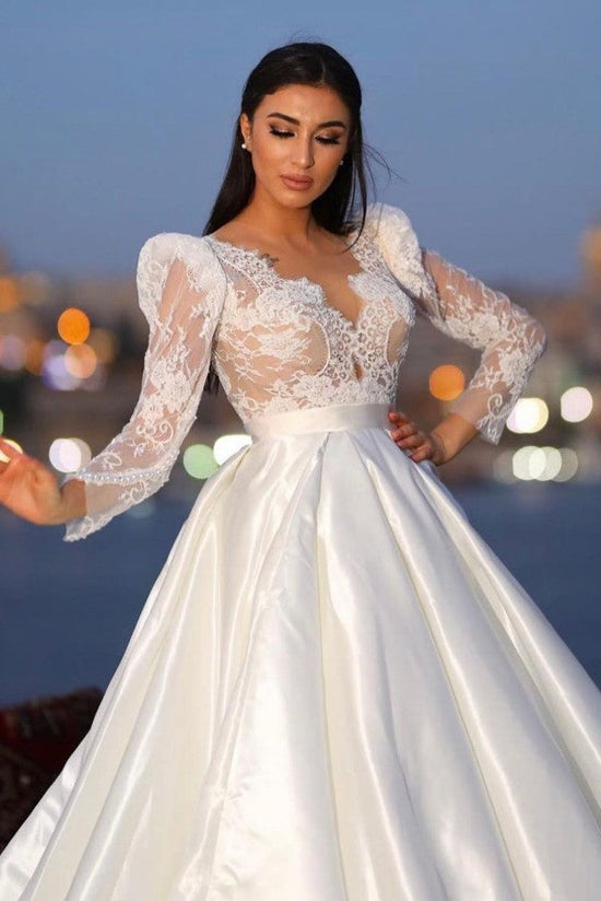 Long Sleeves Satin Wedding Dress Lace V-Neck-27dress