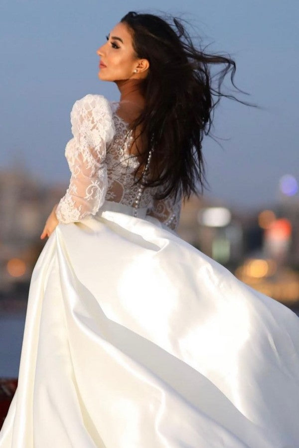 Long Sleeves Satin Wedding Dress Lace V-Neck-27dress
