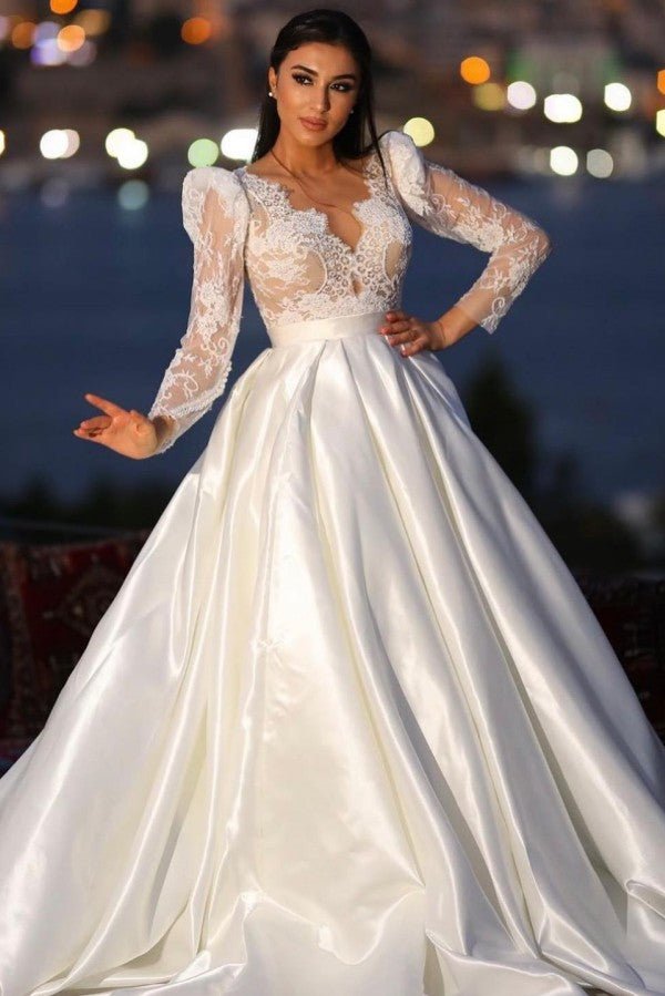 Long Sleeves Satin Wedding Dress Lace V-Neck-27dress
