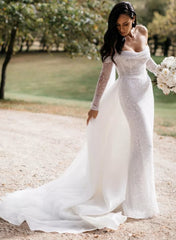 Long Sleeves Sequined Off The Shoulder Mermaid Wedding Dresses With Detachable Train-27dress