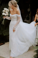 Long Sleeves Sequined Off The Shoulder Mermaid Wedding Dresses With Detachable Train-27dress