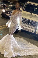 Long Sleeves Sequins Sexy Appliques Mermaid Prom Dress V Neck With Feather