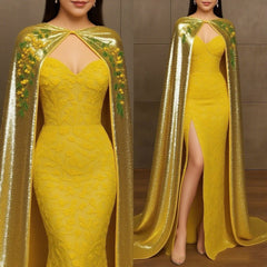 Long Sleeves Sheath Long Formal Dress with Detachable Cape-27dress