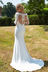 Long Sleeves Stain Mermaid Wedding Dresses with Lace Applique-27dress