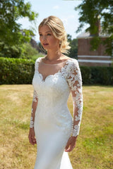 Long Sleeves Stain Mermaid Wedding Dresses with Lace Applique-27dress