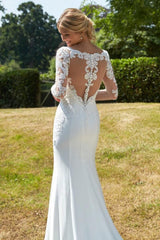 Long Sleeves Stain Mermaid Wedding Dresses with Lace Applique-27dress
