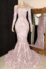 Long Sleeves Strapless Mermaid Prom Dress Sequins Burgundy With Feather