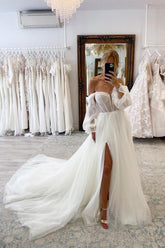 Long Sleeves Tulle Wedding Dress Off-the-Shoulder With Lace-27dress