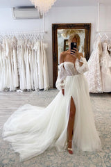 Long Sleeves Tulle Wedding Dress Off-the-Shoulder With Lace-27dress