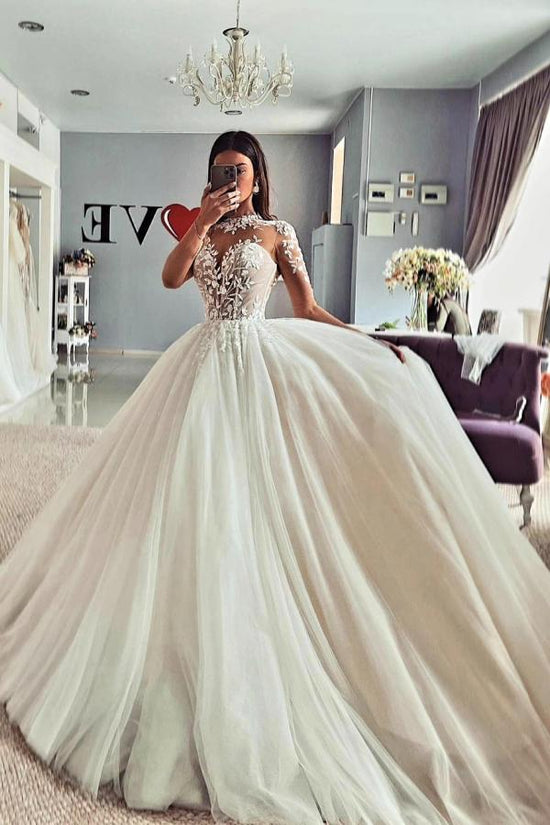 Long Sleeves Tulle Wedding Dress Princess With Appliques-27dress