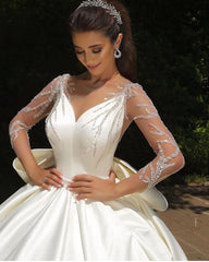 Long Sleeves V-Neck Ball Gown Satin Wedding Dress With Sequins-27dress