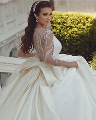 Long Sleeves V-Neck Ball Gown Satin Wedding Dress With Sequins-27dress