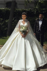Long Sleeves V-Neck Ball Gown Satin Wedding Dress With Sequins-27dress