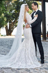 Long Sleeves V-Neck Bridal Gowns Mermaid Lace Appliques-27dress