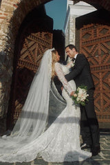 Long Sleeves V-Neck Bridal Gowns Mermaid Lace Appliques-27dress