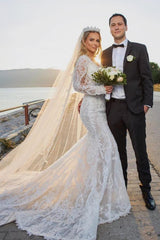 Long Sleeves V-Neck Bridal Gowns Mermaid Lace Appliques-27dress
