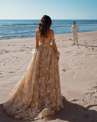 Long Sleeves V-Neck Champagne Wedding Dress Beach With Appliques-27dress