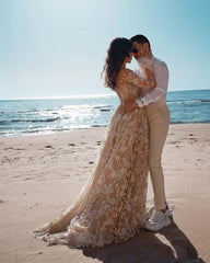 Long Sleeves V-Neck Champagne Wedding Dress Beach With Appliques-27dress