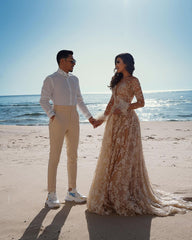 Long Sleeves V-Neck Champagne Wedding Dress Beach With Appliques-27dress