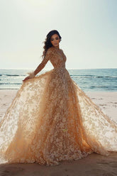 Long Sleeves V-Neck Champagne Wedding Dress Beach With Appliques-27dress