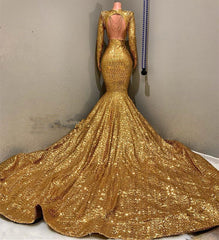 Long Sleeves V Neck Gold Backless Mermaid Long Prom Dress With Appliques
