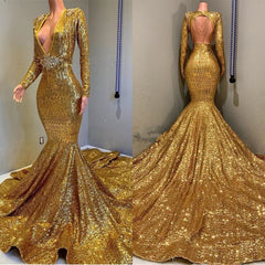 Long Sleeves V Neck Gold Backless Mermaid Long Prom Dress With Appliques