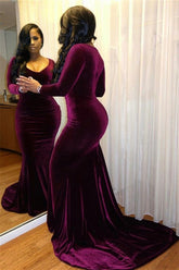Long Sleeves V Neck Purple Mermaid Prom Dress With Pleated